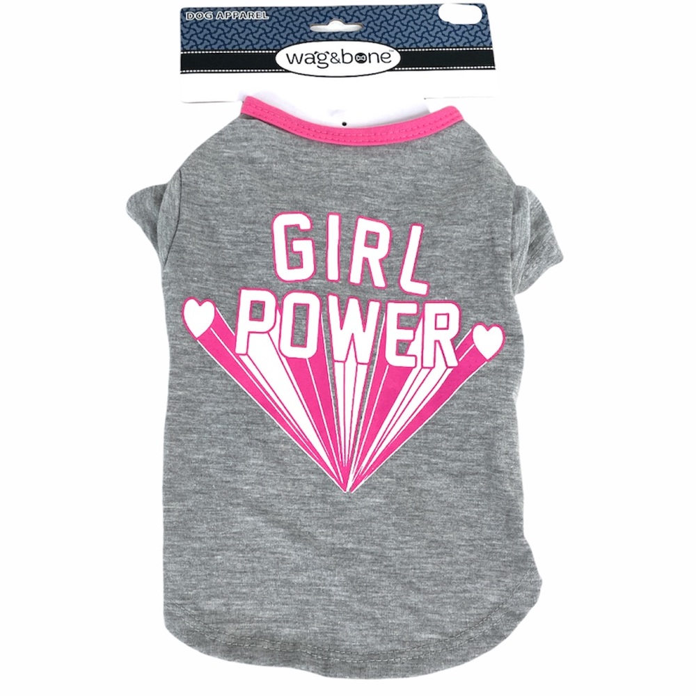 Wag & Bone Girl Power Dog Shirt, Gray, Pink, Small, Medium
